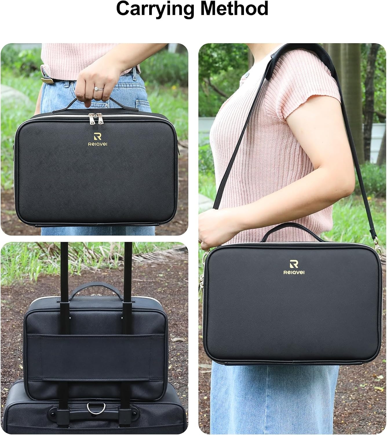 image:imageRelavel Travel Makeup Bag With LED Mirror 162 Large Makeup Train Case 3 Color Scenarios Adjustable Brightness Waterproof Makeup Train Case Organizer with DIY Dividers for Makeup Artist Black01Black
