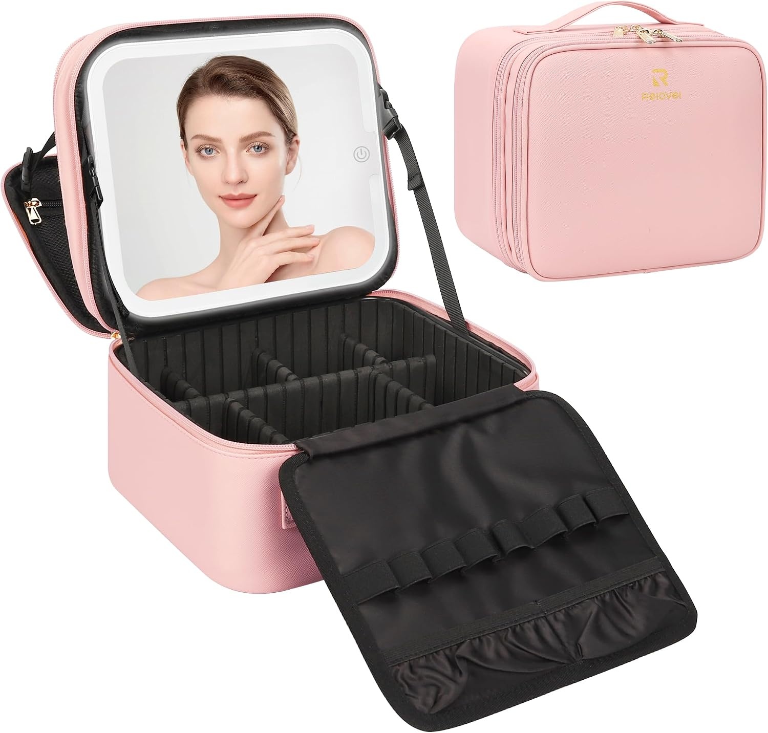 image:imageRelavel Travel Makeup Bag With LED Mirror 162 Large Makeup Train Case 3 Color Scenarios Adjustable Brightness Waterproof Makeup Train Case Organizer with DIY Dividers for Makeup Artist Black01Pink