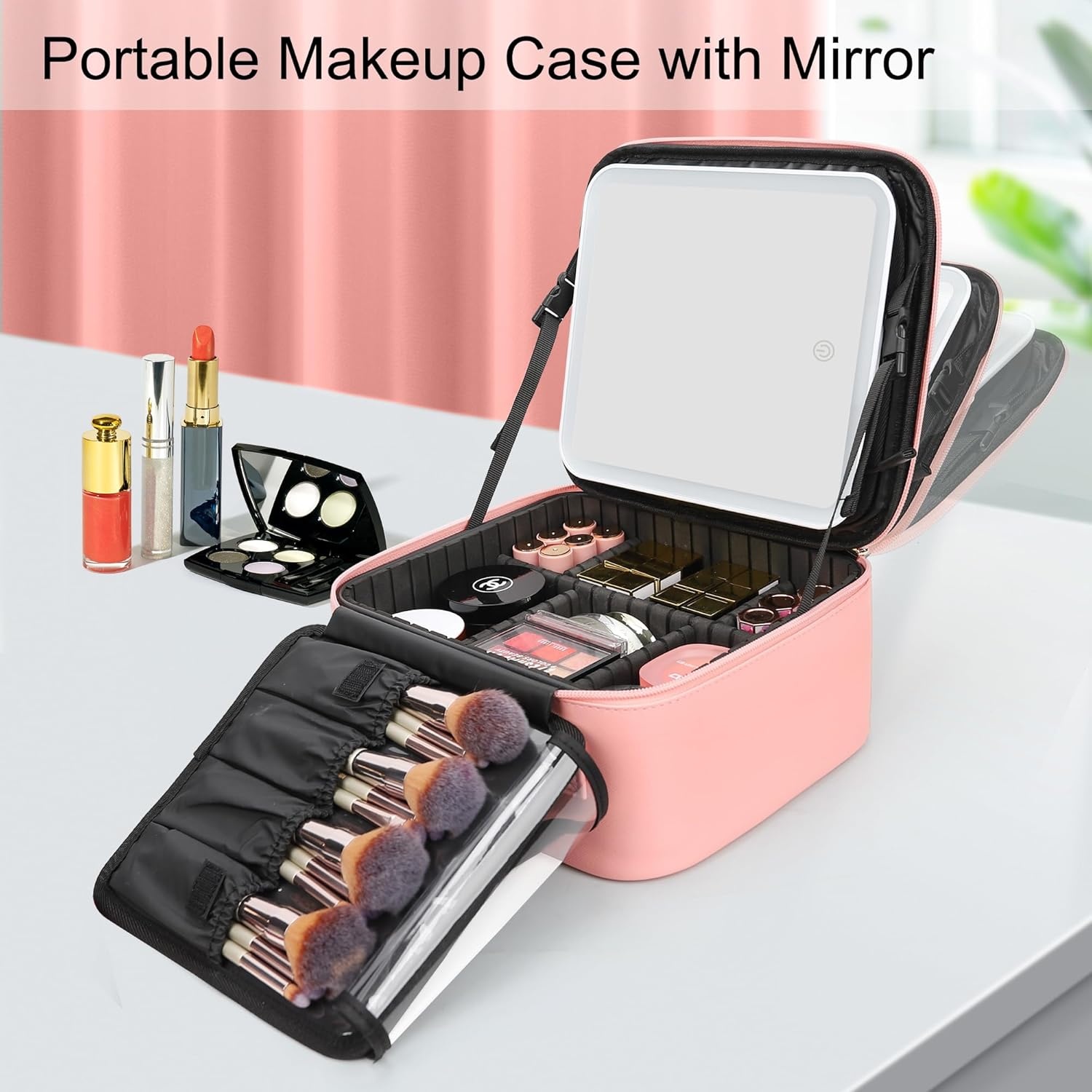 image:imageRelavel Travel Makeup Bag With LED Mirror 162 Large Makeup Train Case 3 Color Scenarios Adjustable Brightness Waterproof Makeup Train Case Organizer with DIY Dividers for Makeup Artist Black01Pink