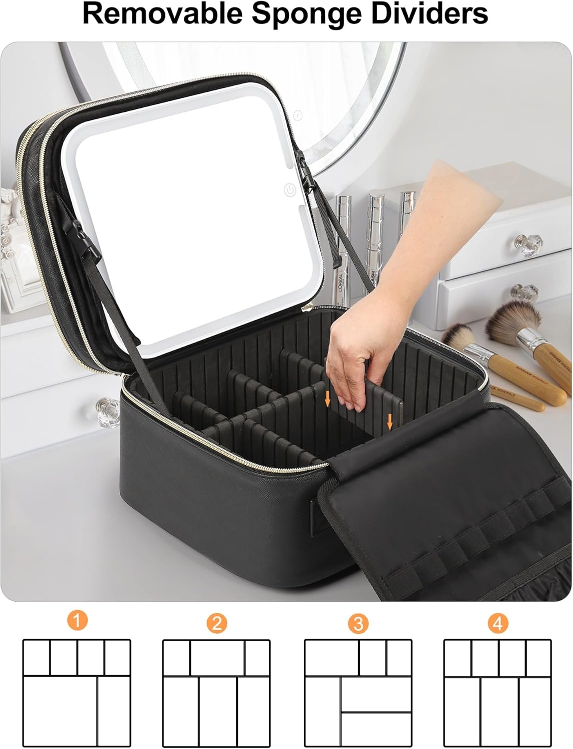 image:imageRelavel Travel Makeup Bag With LED Mirror 162 Large Makeup Train Case 3 Color Scenarios Adjustable Brightness Waterproof Makeup Train Case Organizer with DIY Dividers for Makeup Artist Black01Black