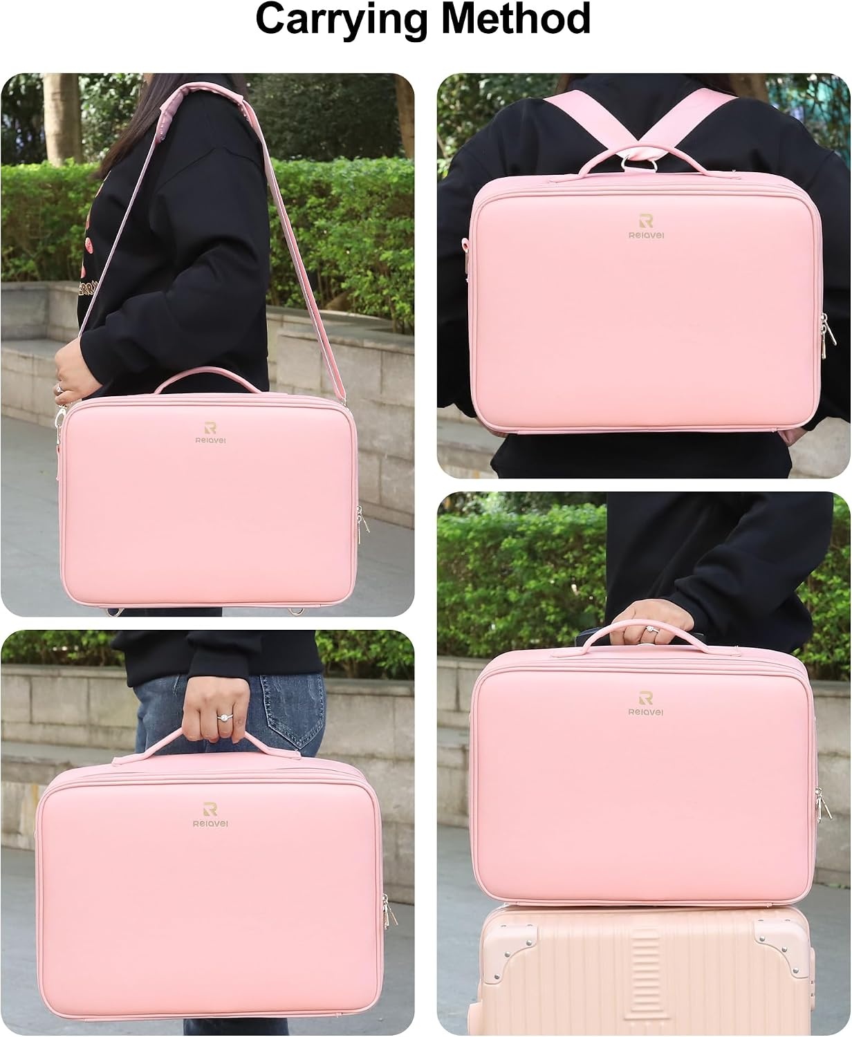 image:imageRelavel Travel Makeup Bag With LED Mirror 162 Large Makeup Train Case 3 Color Scenarios Adjustable Brightness Waterproof Makeup Train Case Organizer with DIY Dividers for Makeup Artist Black01Pink