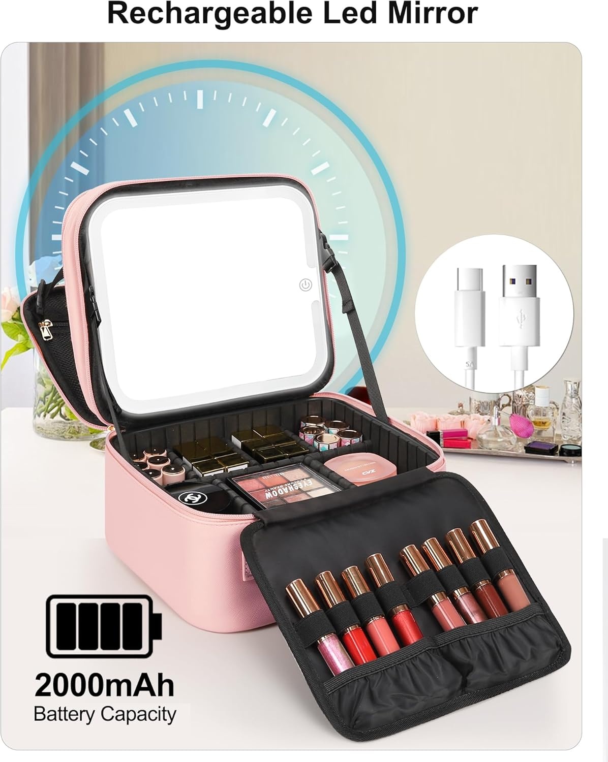 image:imageRelavel Travel Makeup Bag With LED Mirror 162 Large Makeup Train Case 3 Color Scenarios Adjustable Brightness Waterproof Makeup Train Case Organizer with DIY Dividers for Makeup Artist Black01Pink