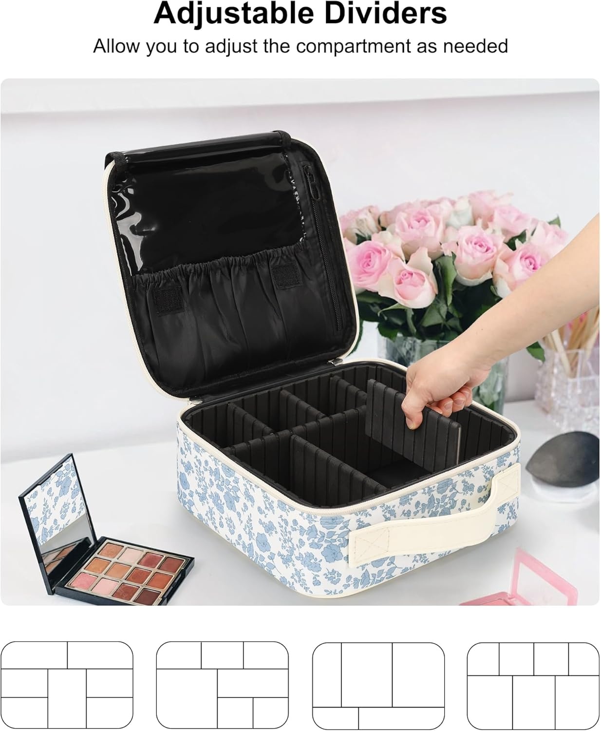 image:imageRelavel Travel Makeup Train Case Portable Cosmetic Case Makeup Organizer Professional Artist Storage Bag with Adjustable Dividers for Cosmetics Brushes Birthday Gifts for Girls Pink StripeFloral Print