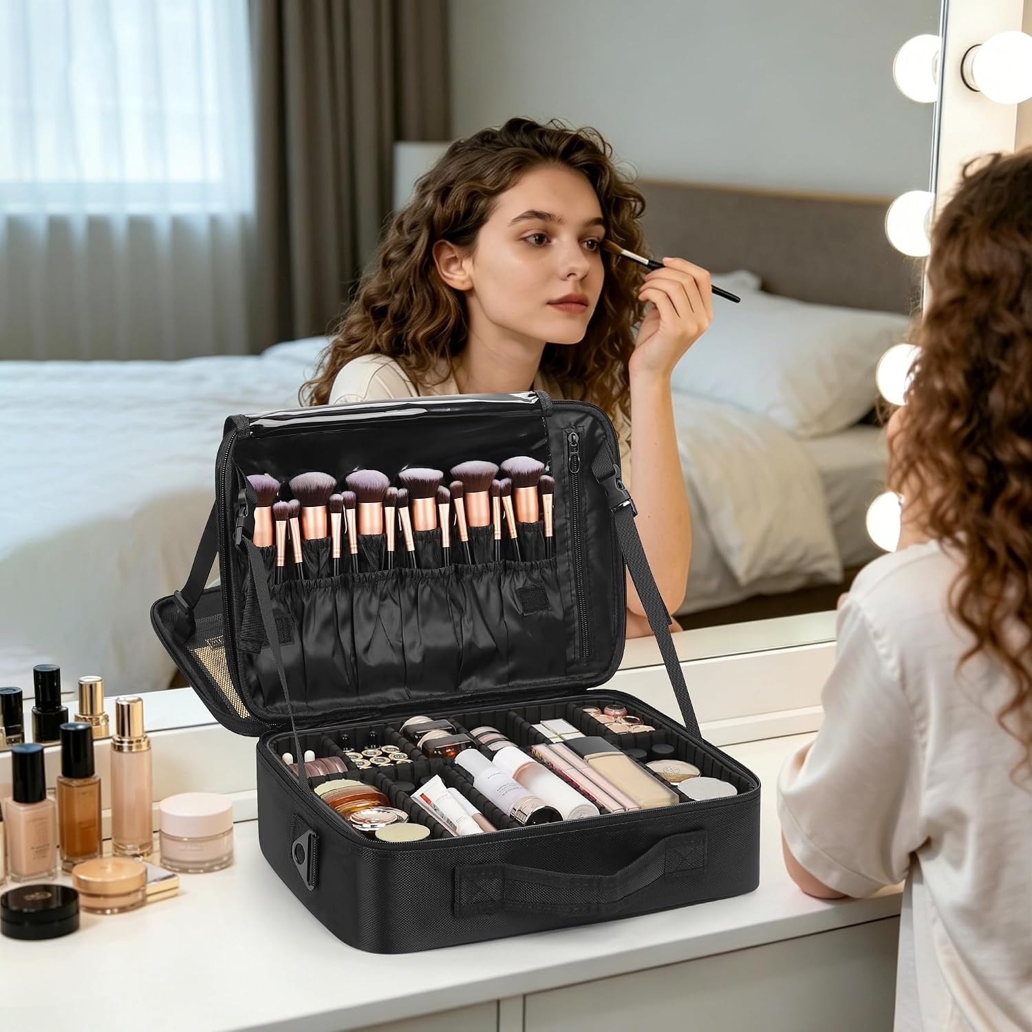image:imageRelavel Travel Makeup Train Case Portable Cosmetic Case Makeup Organizer Professional Artist Storage Bag with Adjustable Dividers for Cosmetics Brushes Birthday Gifts for Girls Pink StripeBlack ML