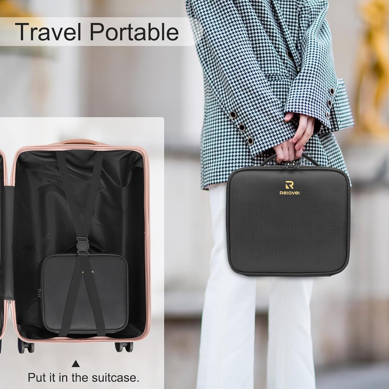 image:imageRelavel Travel Makeup Train Case Portable Cosmetic Case Makeup Organizer Professional Artist Storage Bag with Adjustable Dividers for Cosmetics Brushes Birthday Gifts for Girls Pink StripeBlack