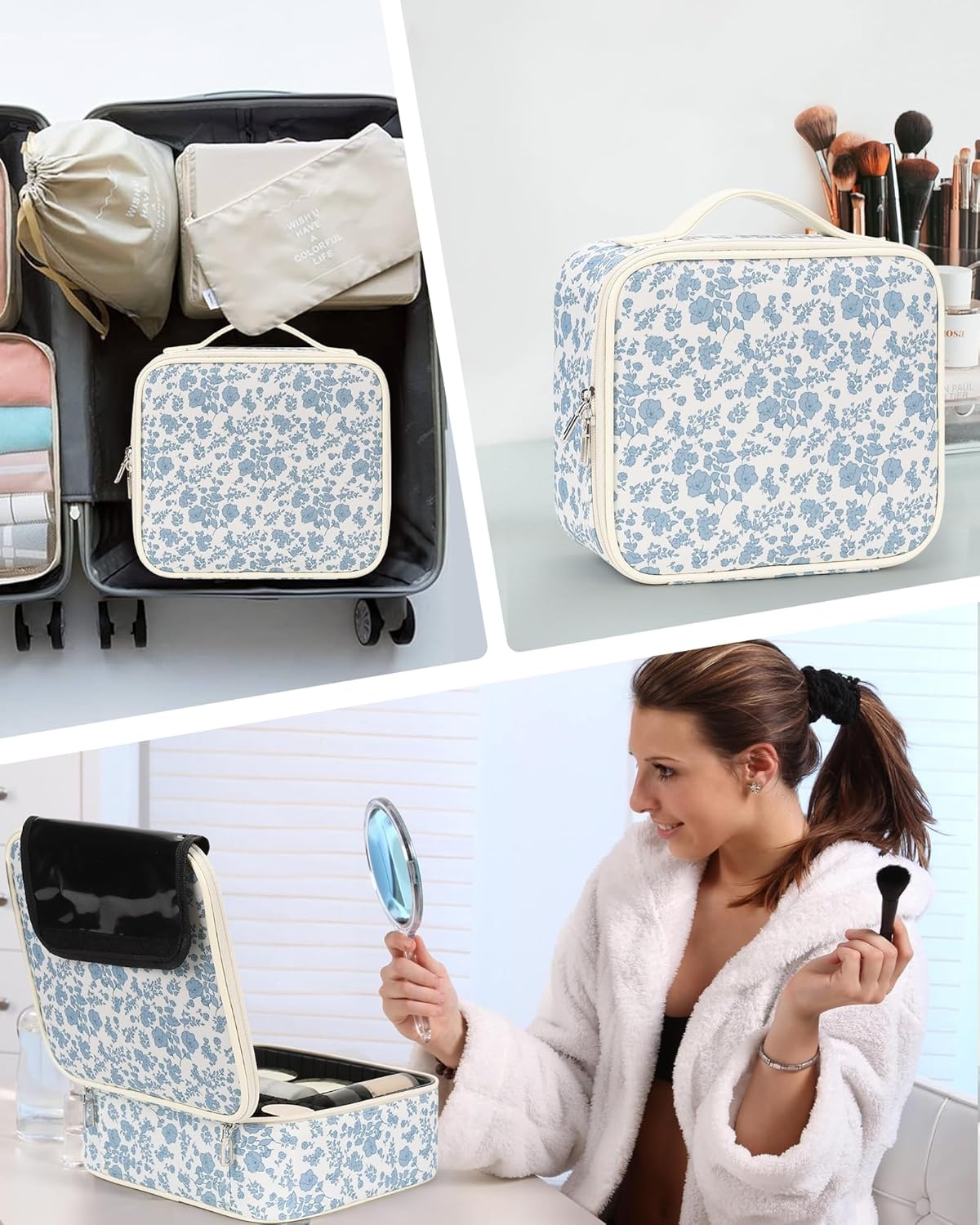 image:imageRelavel Travel Makeup Train Case Portable Cosmetic Case Makeup Organizer Professional Artist Storage Bag with Adjustable Dividers for Cosmetics Brushes Birthday Gifts for Girls Pink StripeFloral Print