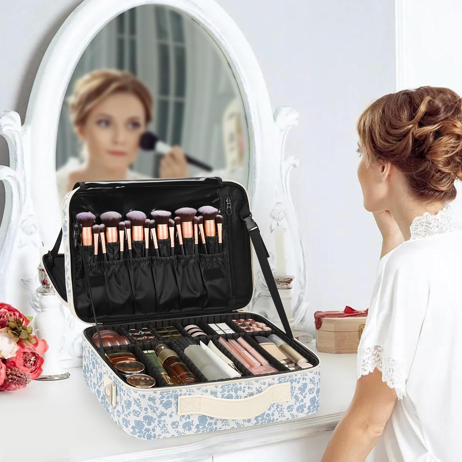 image:imageRelavel Travel Makeup Train Case Portable Cosmetic Case Makeup Organizer Professional Artist Storage Bag with Adjustable Dividers for Cosmetics Brushes Birthday Gifts for Girls Pink StripeFloral Print