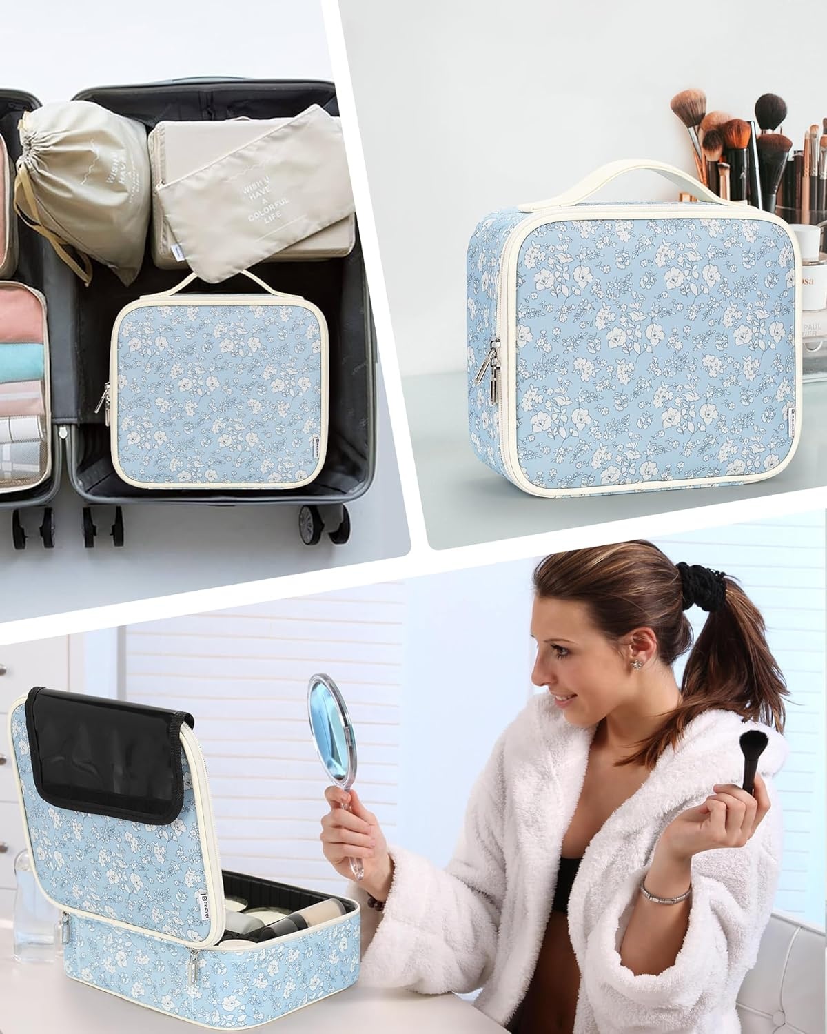 image:imageRelavel Travel Makeup Train Case Portable Cosmetic Case Makeup Organizer Professional Artist Storage Bag with Adjustable Dividers for Cosmetics Brushes Birthday Gifts for Girls Pink StripeWhite Floral Print