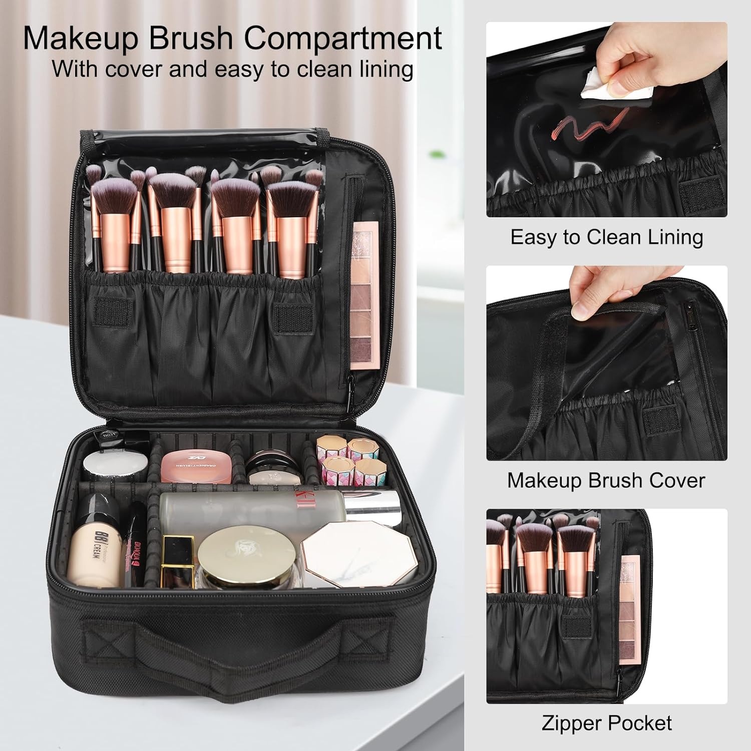 image:imageRelavel Travel Makeup Train Case Portable Cosmetic Case Makeup Organizer Professional Artist Storage Bag with Adjustable Dividers for Cosmetics Brushes Birthday Gifts for Girls Pink StripeBlack