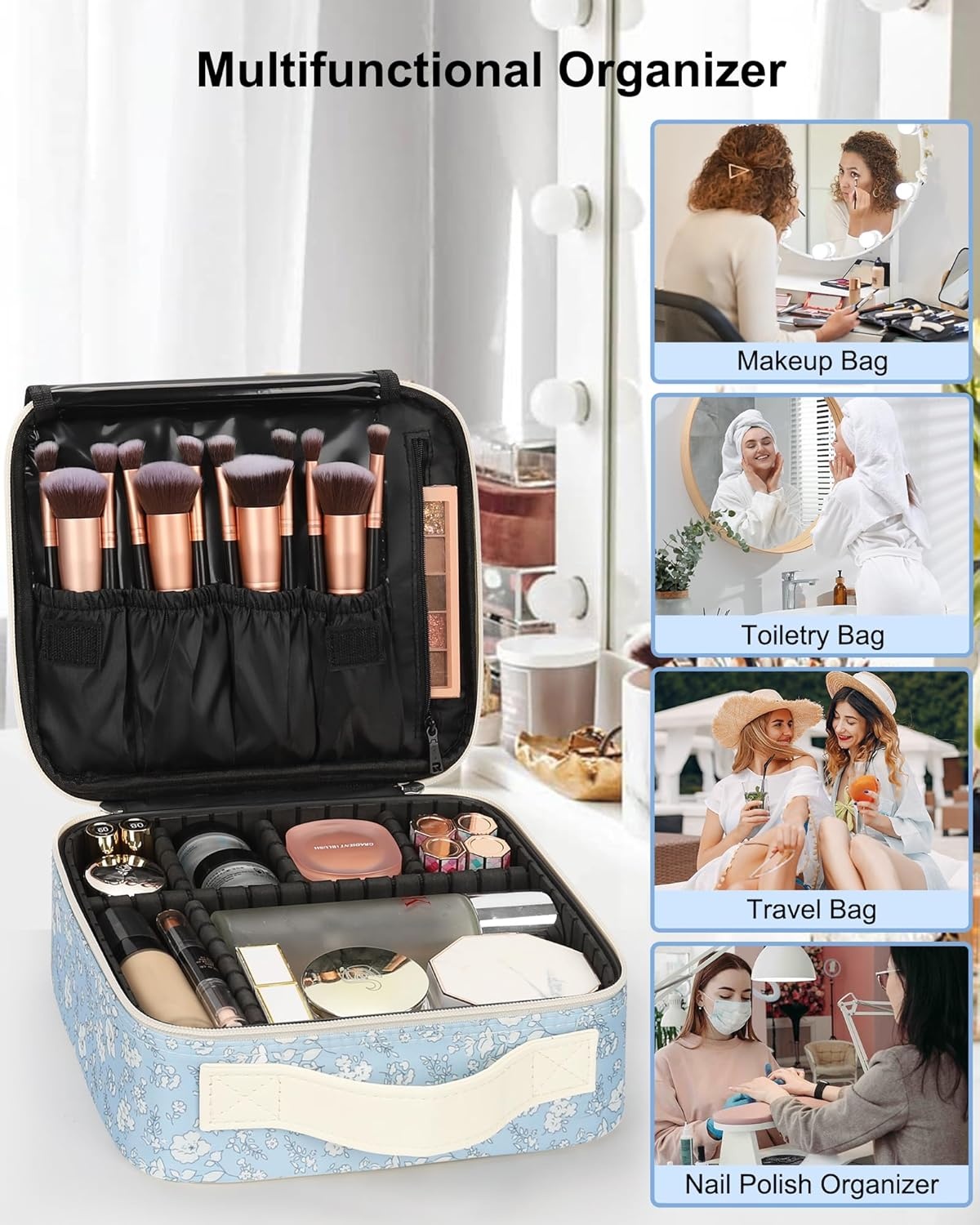 image:imageRelavel Travel Makeup Train Case Portable Cosmetic Case Makeup Organizer Professional Artist Storage Bag with Adjustable Dividers for Cosmetics Brushes Birthday Gifts for Girls Pink StripeWhite Floral Print