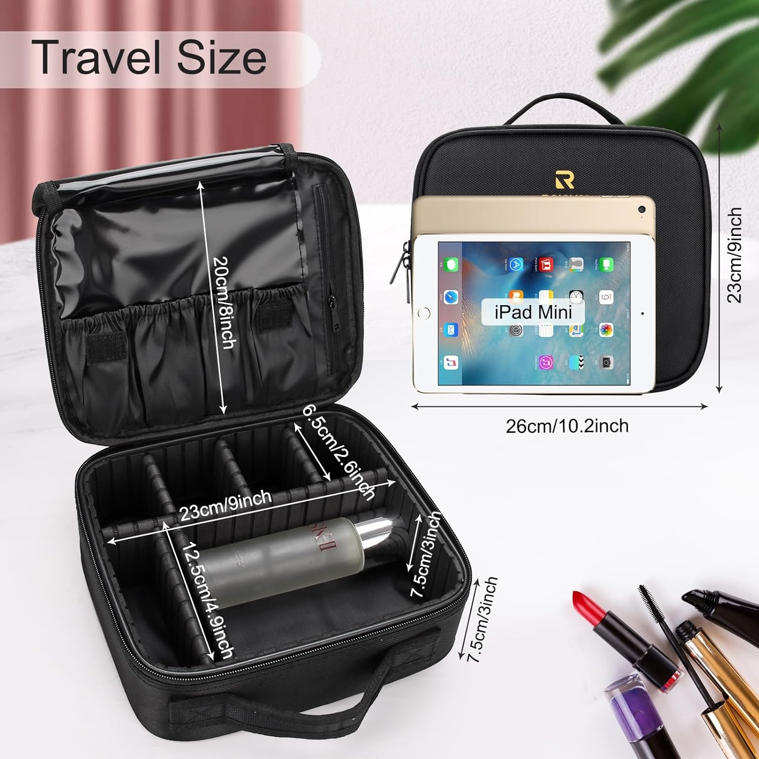 image:imageRelavel Travel Makeup Train Case Portable Cosmetic Case Makeup Organizer Professional Artist Storage Bag with Adjustable Dividers for Cosmetics Brushes Birthday Gifts for Girls Pink StripeBlack