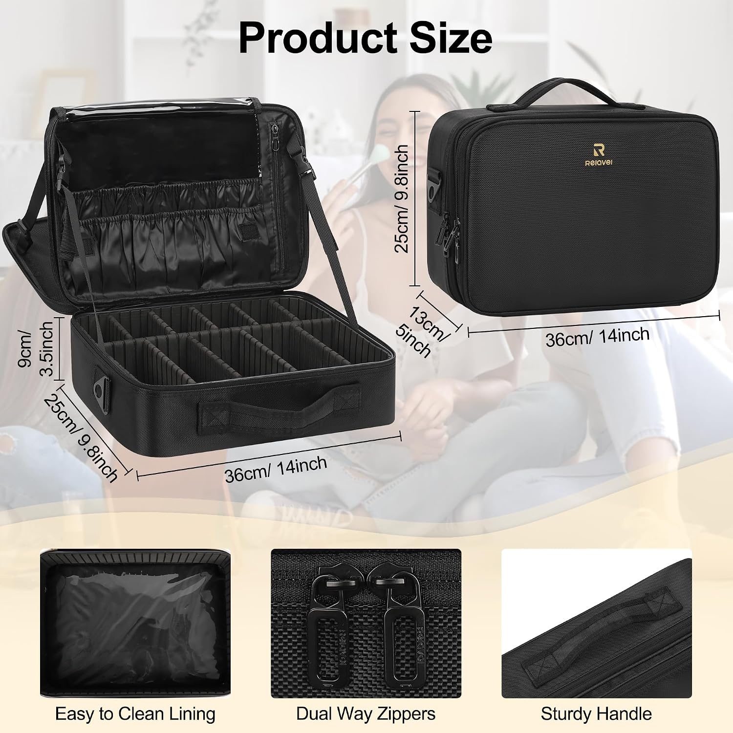 image:imageRelavel Travel Makeup Train Case Portable Cosmetic Case Makeup Organizer Professional Artist Storage Bag with Adjustable Dividers for Cosmetics Brushes Birthday Gifts for Girls Pink StripeBlack ML