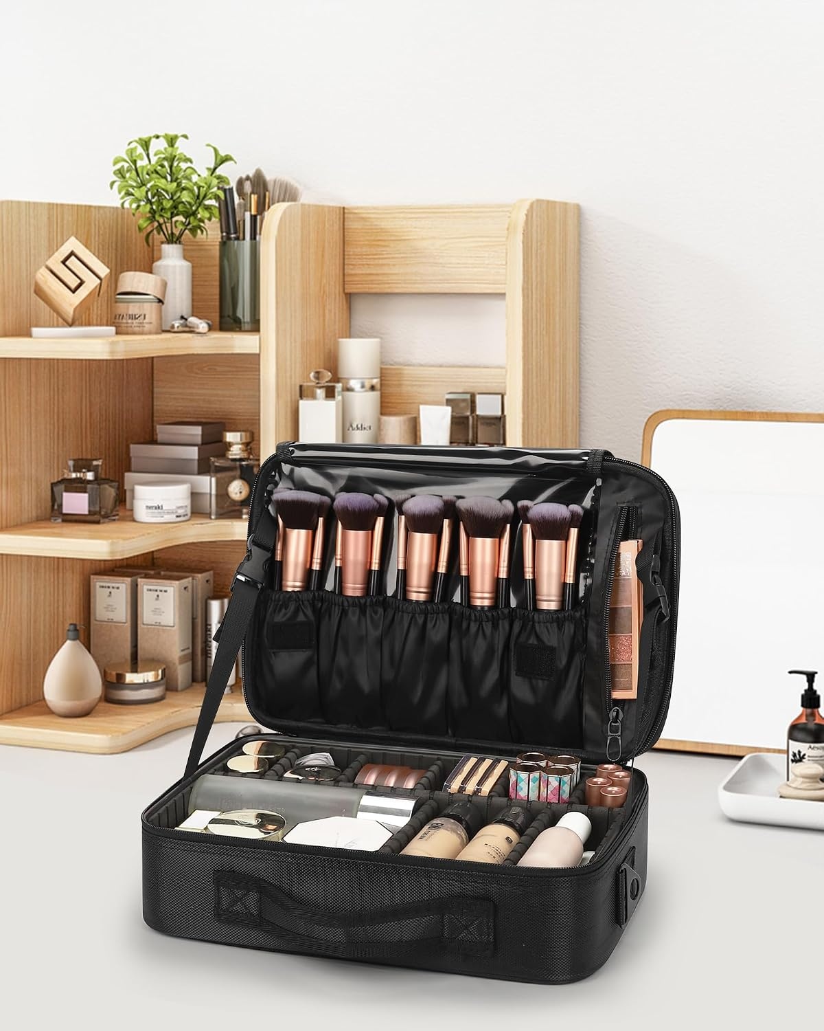 image:imageRelavel Travel Makeup Train Case Portable Cosmetic Case Makeup Organizer Professional Artist Storage Bag with Adjustable Dividers for Cosmetics Brushes Birthday Gifts for Girls Pink StripeBlack