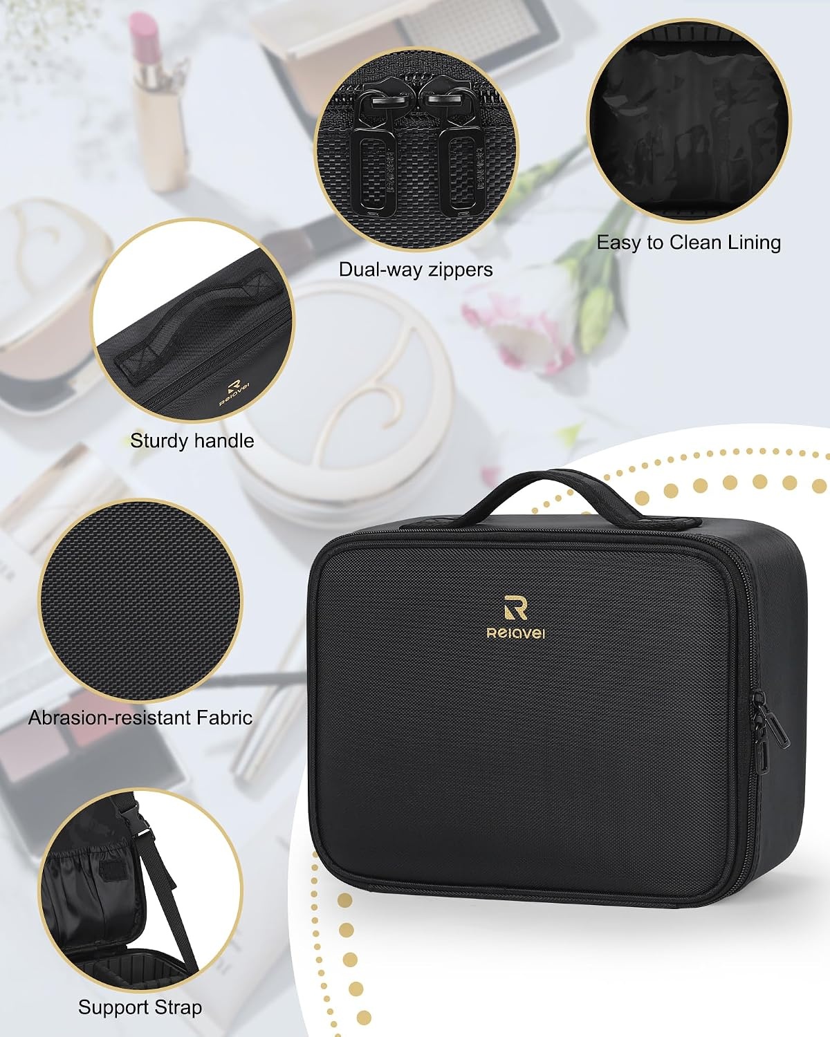 image:imageRelavel Travel Makeup Train Case Portable Cosmetic Case Makeup Organizer Professional Artist Storage Bag with Adjustable Dividers for Cosmetics Brushes Birthday Gifts for Girls Pink StripeBlack SM