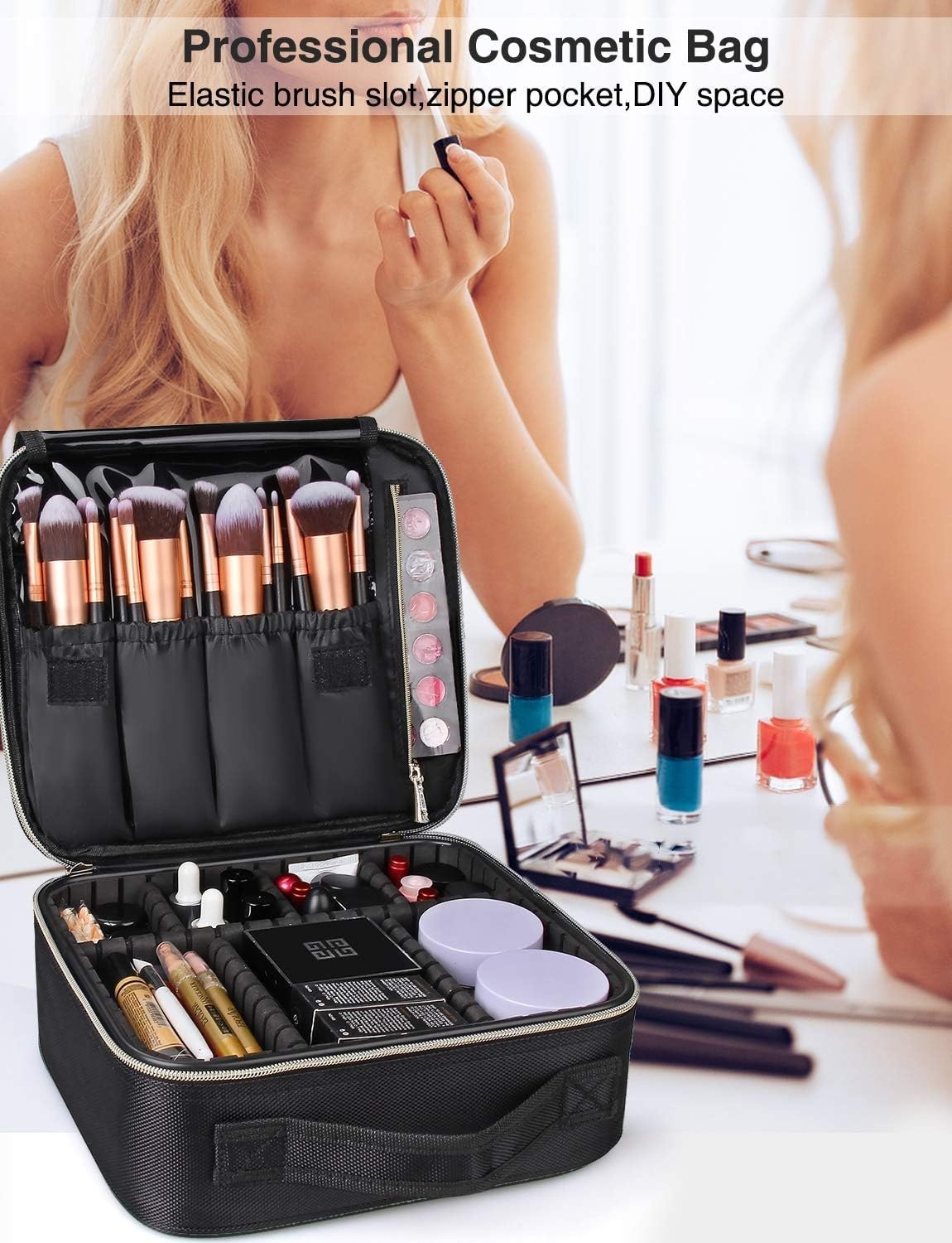 image:imageRelavel Travel Makeup Train Case Portable Cosmetic Case Makeup Organizer Professional Artist Storage Bag with Adjustable Dividers for Cosmetics Brushes Birthday Gifts for Girls Pink Stripeblack with golden zipper