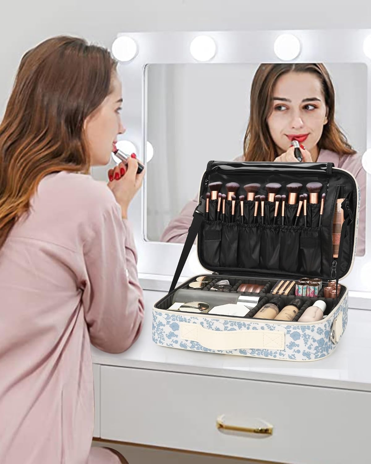 image:imageRelavel Travel Makeup Train Case Portable Cosmetic Case Makeup Organizer Professional Artist Storage Bag with Adjustable Dividers for Cosmetics Brushes Birthday Gifts for Girls Pink StripeFloral Print
