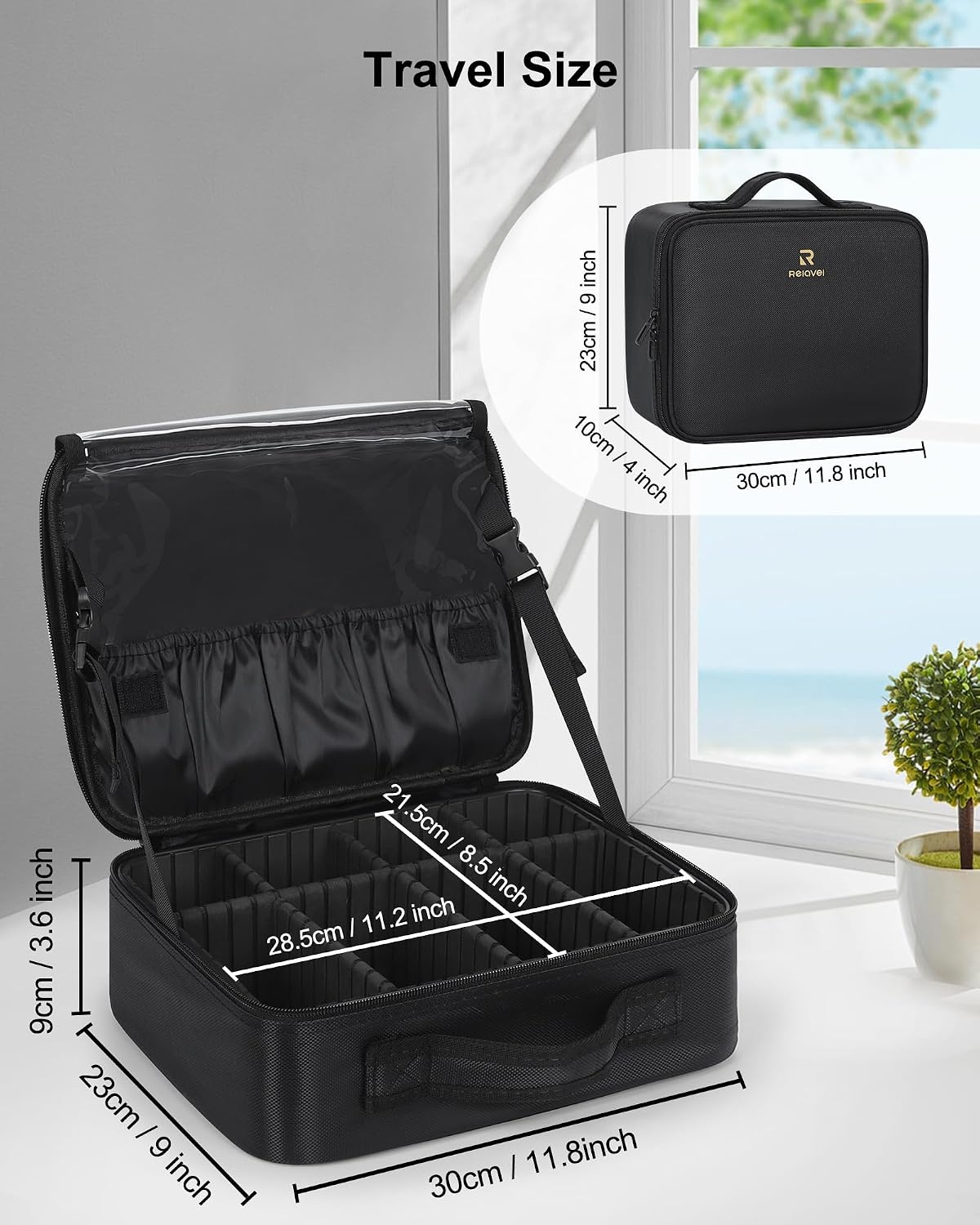 image:imageRelavel Travel Makeup Train Case Portable Cosmetic Case Makeup Organizer Professional Artist Storage Bag with Adjustable Dividers for Cosmetics Brushes Birthday Gifts for Girls Pink StripeBlack SM