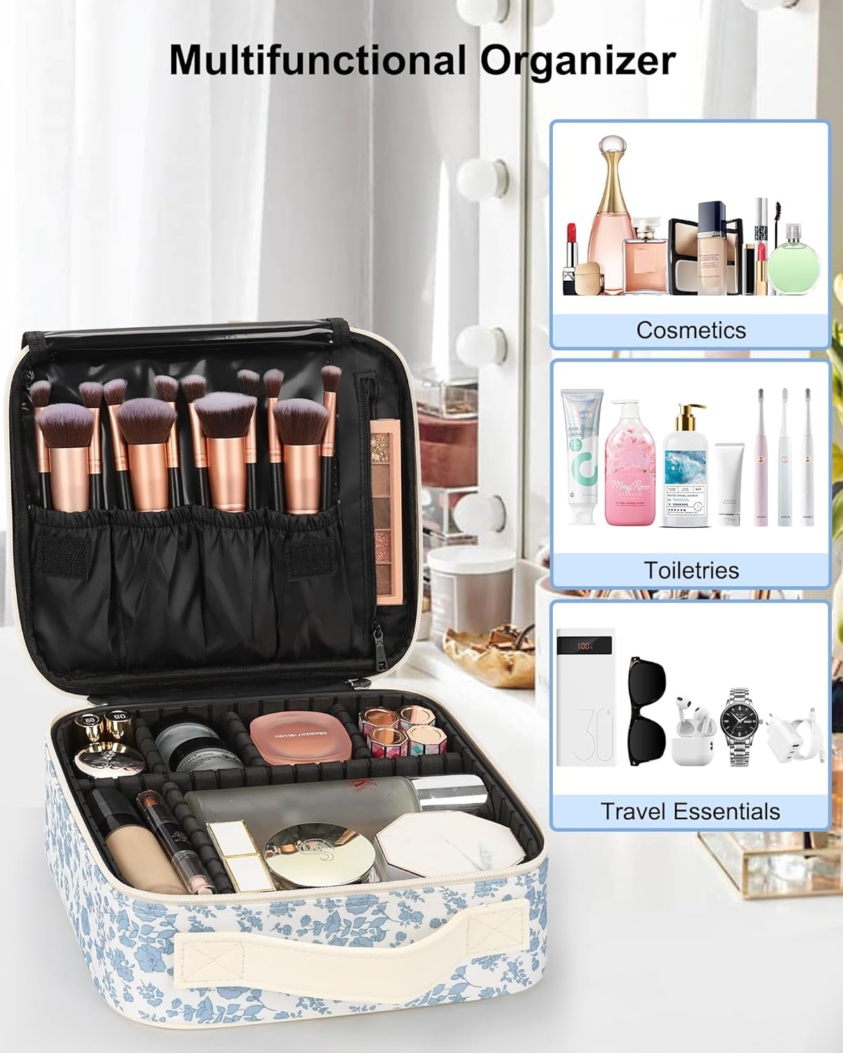 image:imageRelavel Travel Makeup Train Case Portable Cosmetic Case Makeup Organizer Professional Artist Storage Bag with Adjustable Dividers for Cosmetics Brushes Birthday Gifts for Girls Pink StripeFloral Print