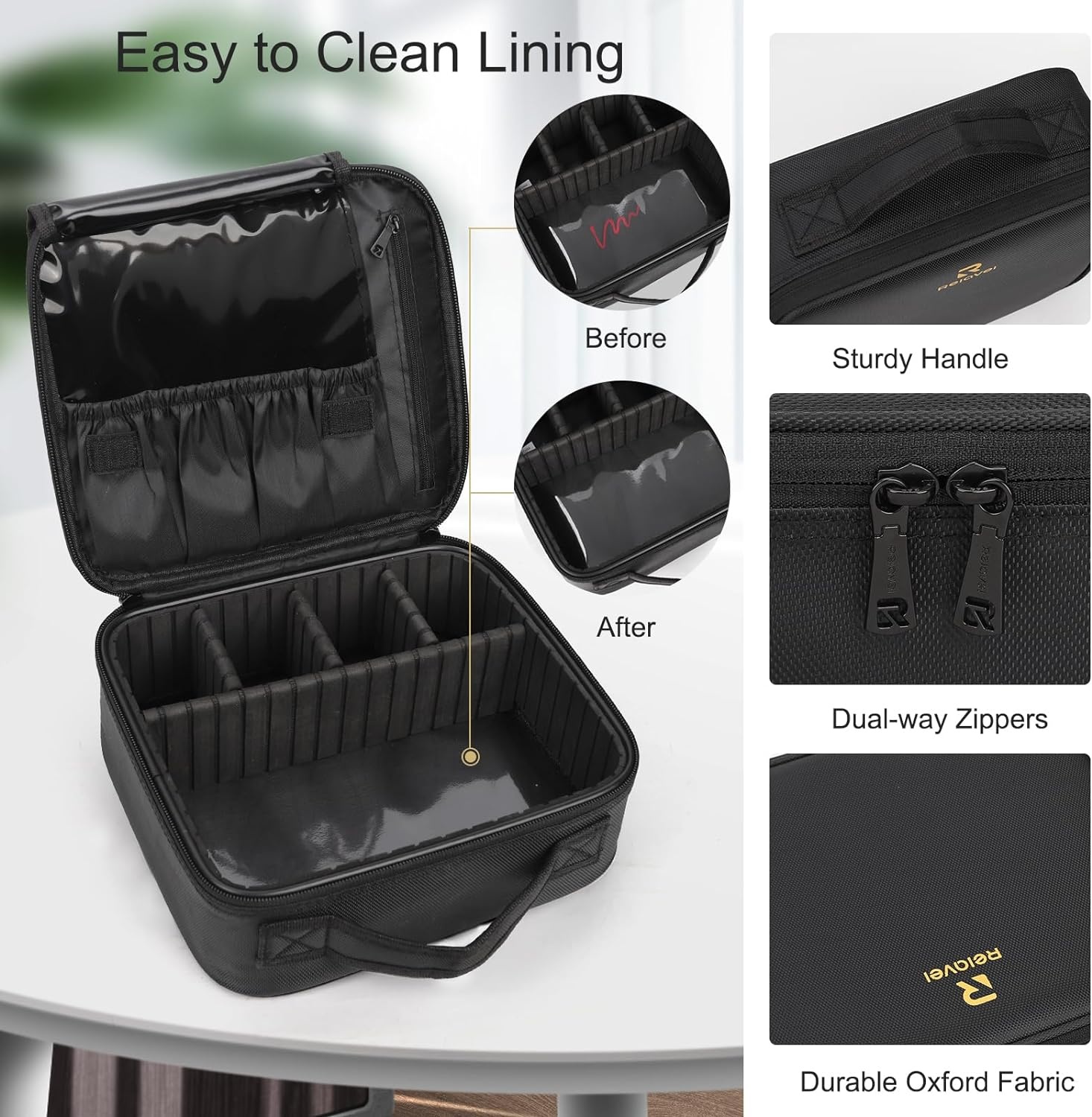 image:imageRelavel Travel Makeup Train Case Portable Cosmetic Case Makeup Organizer Professional Artist Storage Bag with Adjustable Dividers for Cosmetics Brushes Birthday Gifts for Girls Pink StripeBlack