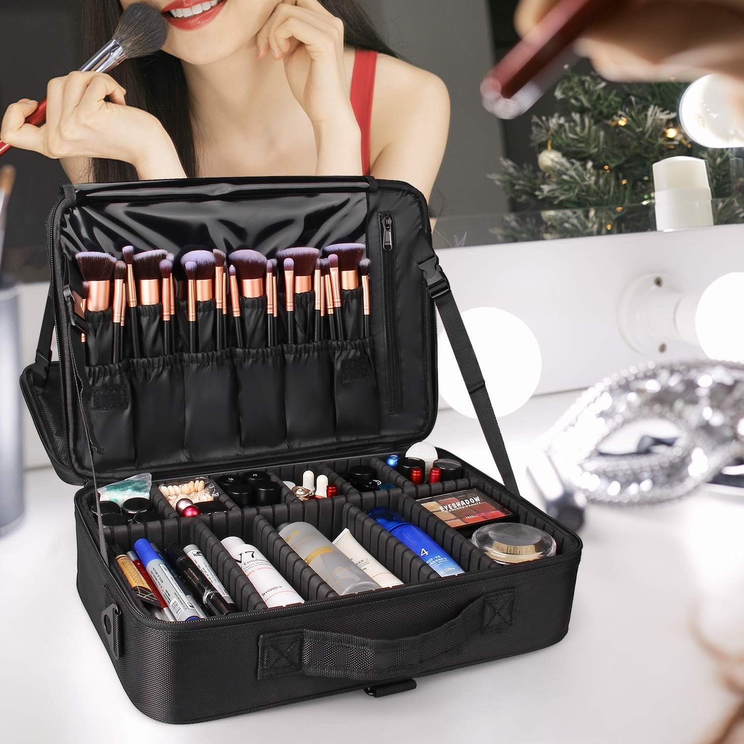 image:imageRelavel Travel Makeup Train Case Portable Cosmetic Case Makeup Organizer Professional Artist Storage Bag with Adjustable Dividers for Cosmetics Brushes Birthday Gifts for Girls Pink StripeBlack