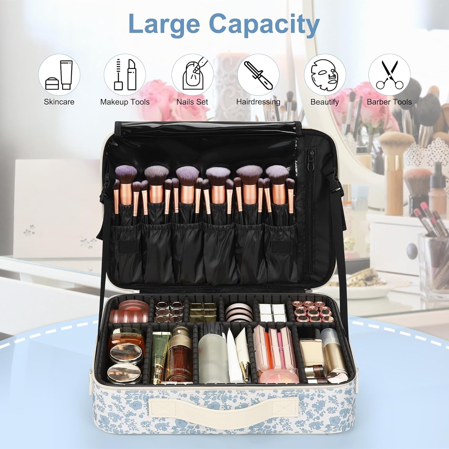 image:imageRelavel Travel Makeup Train Case Portable Cosmetic Case Makeup Organizer Professional Artist Storage Bag with Adjustable Dividers for Cosmetics Brushes Birthday Gifts for Girls Pink StripeFloral Print