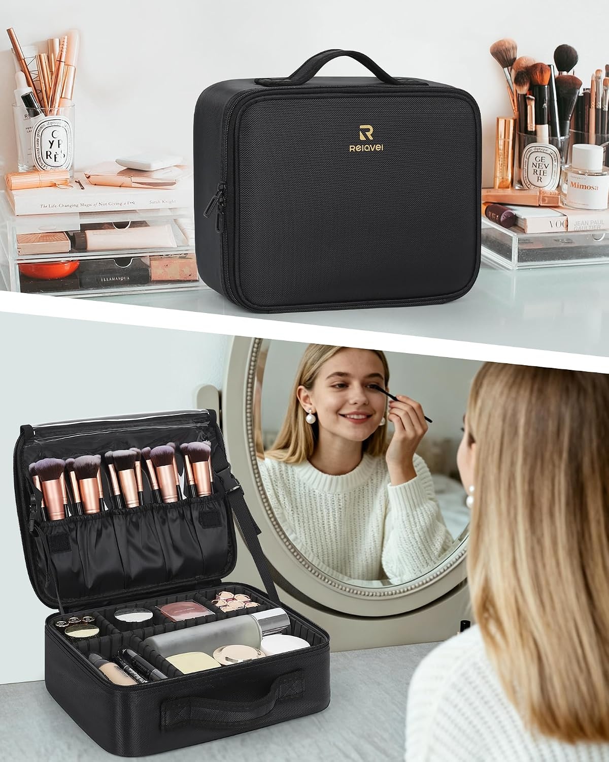 image:imageRelavel Travel Makeup Train Case Portable Cosmetic Case Makeup Organizer Professional Artist Storage Bag with Adjustable Dividers for Cosmetics Brushes Birthday Gifts for Girls Pink StripeBlack SM