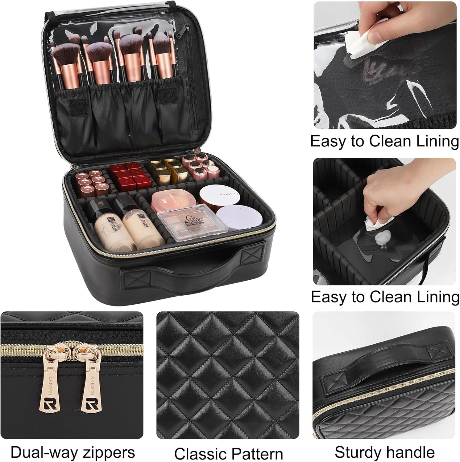 image:imageRelavel Travel Makeup Train Case Portable Cosmetic Case Makeup Organizer Professional Artist Storage Bag with Adjustable Dividers for Cosmetics Brushes Birthday Gifts for Girls Pink StripeQuilted Leather