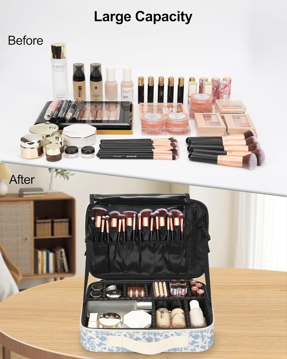 image:imageRelavel Travel Makeup Train Case Portable Cosmetic Case Makeup Organizer Professional Artist Storage Bag with Adjustable Dividers for Cosmetics Brushes Birthday Gifts for Girls Pink StripeFloral Print