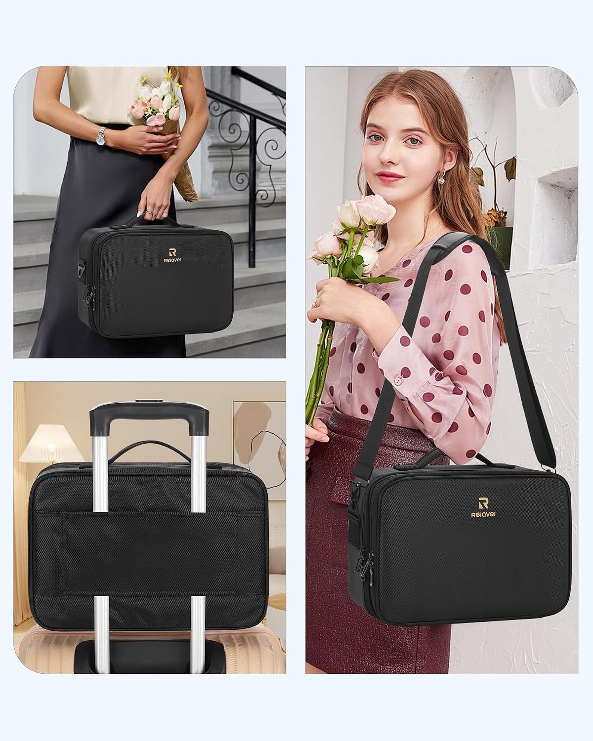 image:imageRelavel Travel Makeup Train Case Portable Cosmetic Case Makeup Organizer Professional Artist Storage Bag with Adjustable Dividers for Cosmetics Brushes Birthday Gifts for Girls Pink StripeBlack