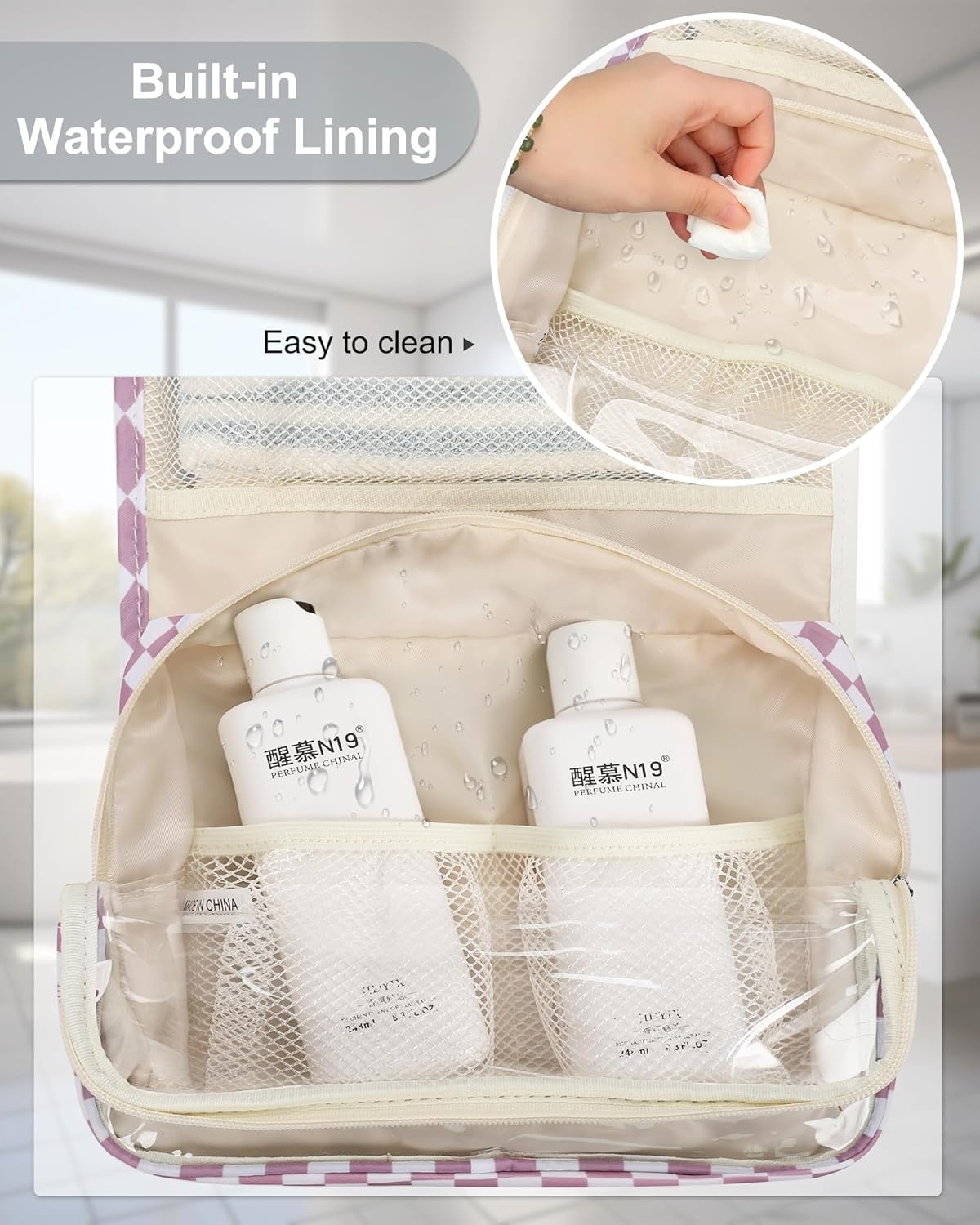 image:imageSmall Hanging Toiletry Bag for Men and Women Portable Hanging Organizer for TravelSized Shower Dopp Kit Makeup Accessories Waterproof Toiletries Organizer with 3 Compartments for Outdoor Black01 Checkboard Purple