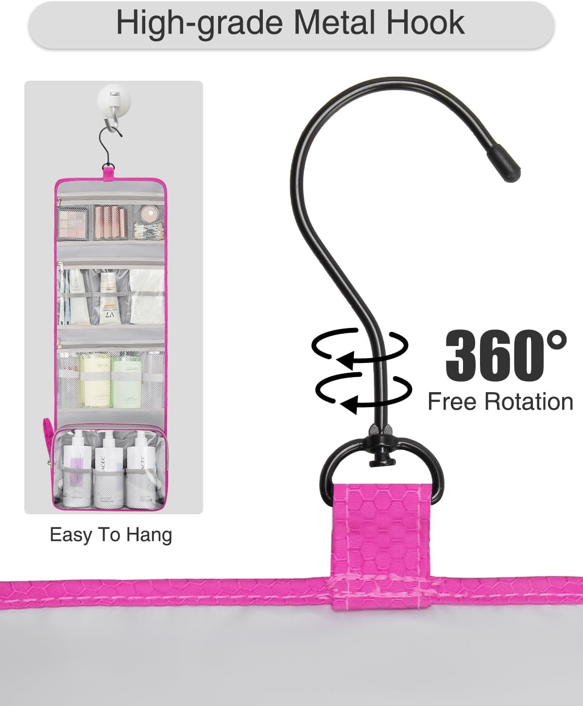 image:imageSmall Hanging Toiletry Bag for Men and Women Portable Hanging Organizer for TravelSized Shower Dopp Kit Makeup Accessories Waterproof Toiletries Organizer with 3 Compartments for Outdoor Black01 Hot Pink