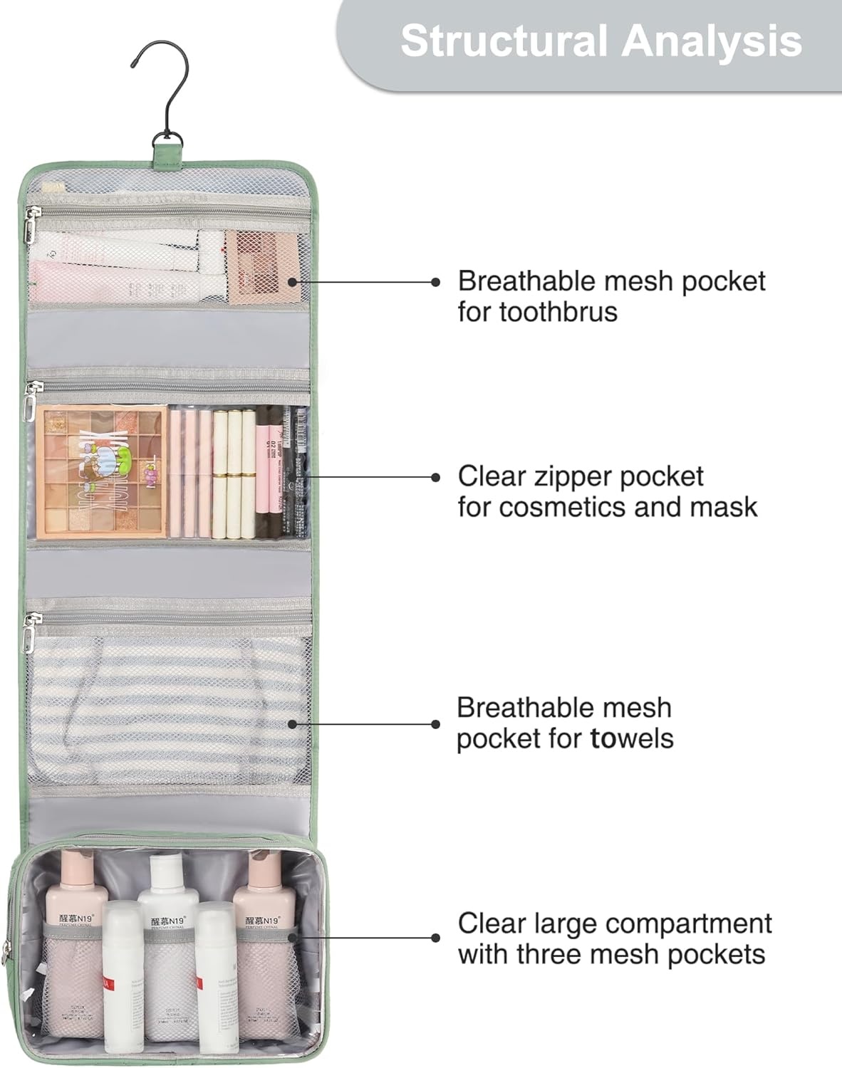 image:imageSmall Hanging Toiletry Bag for Men and Women Portable Hanging Organizer for TravelSized Shower Dopp Kit Makeup Accessories Waterproof Toiletries Organizer with 3 Compartments for Outdoor Black02 Green