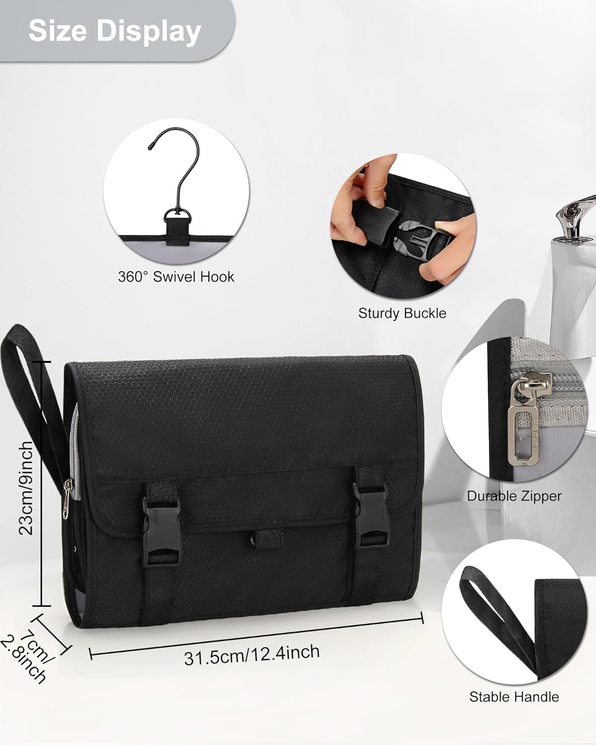 image:imageSmall Hanging Toiletry Bag for Men and Women Portable Hanging Organizer for TravelSized Shower Dopp Kit Makeup Accessories Waterproof Toiletries Organizer with 3 Compartments for Outdoor Black01 Black