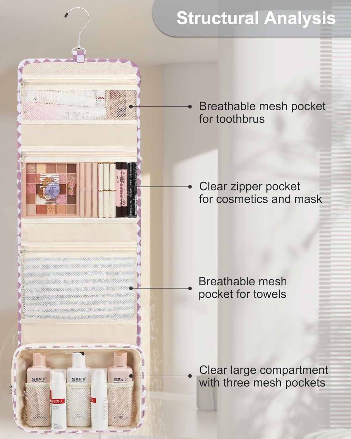 image:imageSmall Hanging Toiletry Bag for Men and Women Portable Hanging Organizer for TravelSized Shower Dopp Kit Makeup Accessories Waterproof Toiletries Organizer with 3 Compartments for Outdoor Black02 Purple Checkboard