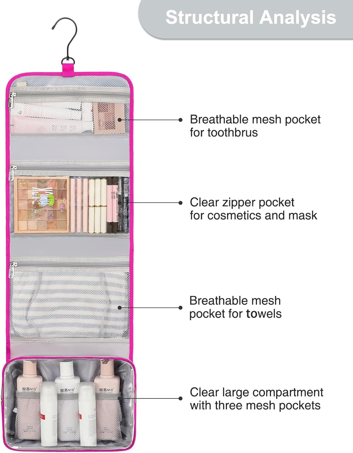 image:imageSmall Hanging Toiletry Bag for Men and Women Portable Hanging Organizer for TravelSized Shower Dopp Kit Makeup Accessories Waterproof Toiletries Organizer with 3 Compartments for Outdoor Black01 Hot Pink