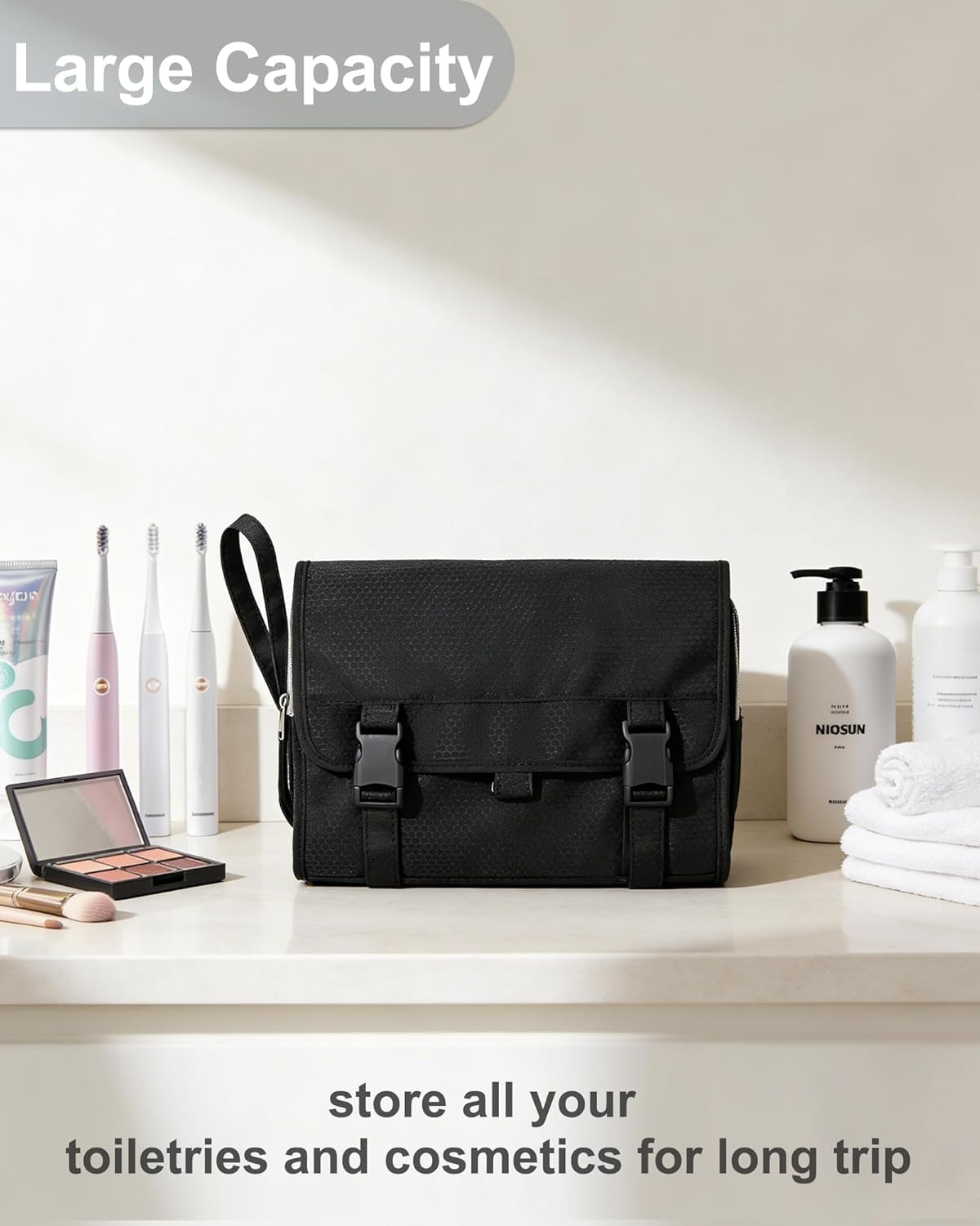 image:imageSmall Hanging Toiletry Bag for Men and Women Portable Hanging Organizer for TravelSized Shower Dopp Kit Makeup Accessories Waterproof Toiletries Organizer with 3 Compartments for Outdoor Black01 Black