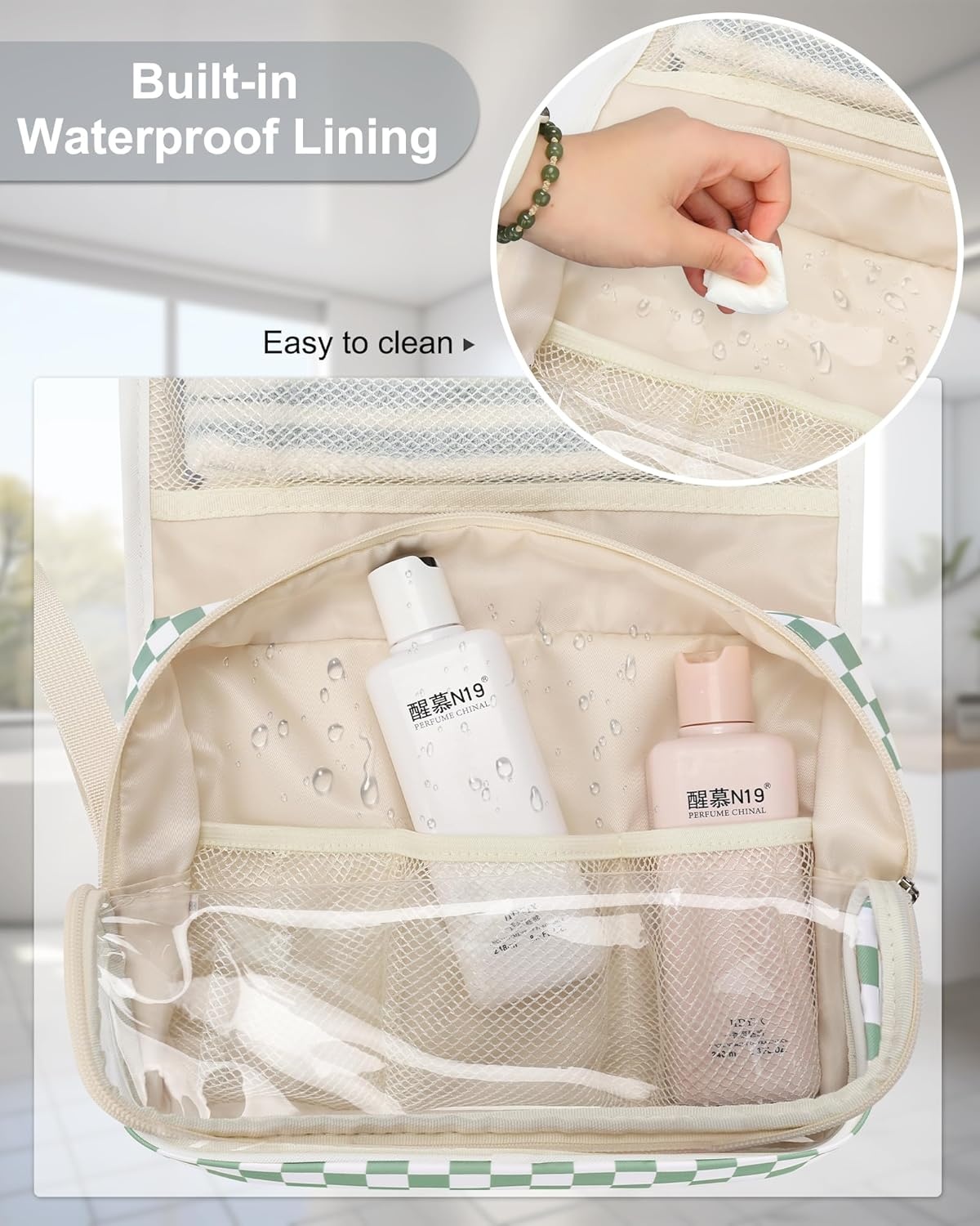 image:imageSmall Hanging Toiletry Bag for Men and Women Portable Hanging Organizer for TravelSized Shower Dopp Kit Makeup Accessories Waterproof Toiletries Organizer with 3 Compartments for Outdoor Black03 Green Checkboard