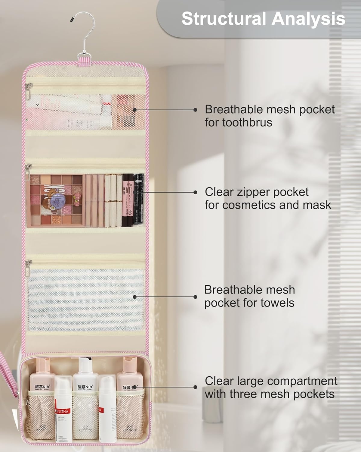 image:imageSmall Hanging Toiletry Bag for Men and Women Portable Hanging Organizer for TravelSized Shower Dopp Kit Makeup Accessories Waterproof Toiletries Organizer with 3 Compartments for Outdoor Black02 Pink Strip