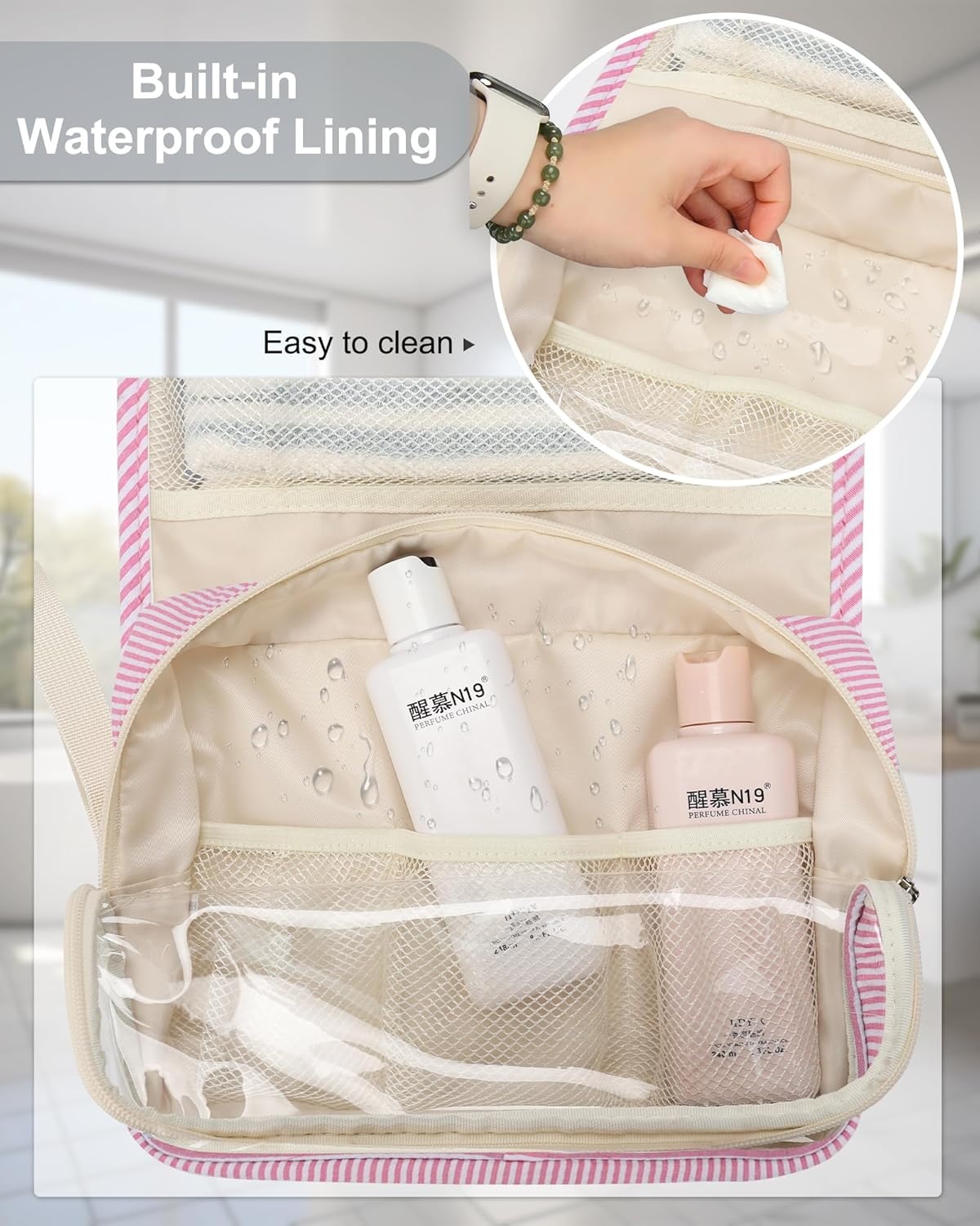 image:imageSmall Hanging Toiletry Bag for Men and Women Portable Hanging Organizer for TravelSized Shower Dopp Kit Makeup Accessories Waterproof Toiletries Organizer with 3 Compartments for Outdoor Black02 Pink Strip