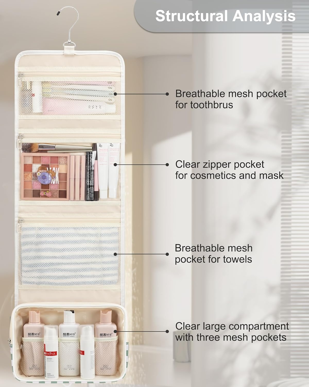 image:imageSmall Hanging Toiletry Bag for Men and Women Portable Hanging Organizer for TravelSized Shower Dopp Kit Makeup Accessories Waterproof Toiletries Organizer with 3 Compartments for Outdoor Black03 Green Checkboard