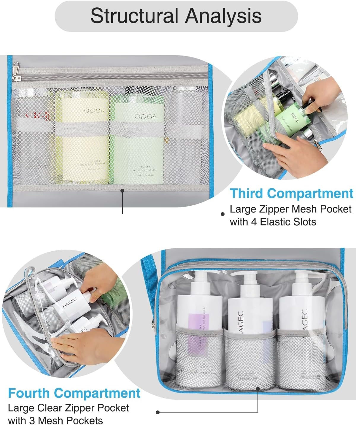 image:imageSmall Hanging Toiletry Bag for Men and Women Portable Hanging Organizer for TravelSized Shower Dopp Kit Makeup Accessories Waterproof Toiletries Organizer with 3 Compartments for Outdoor Black02 Blue