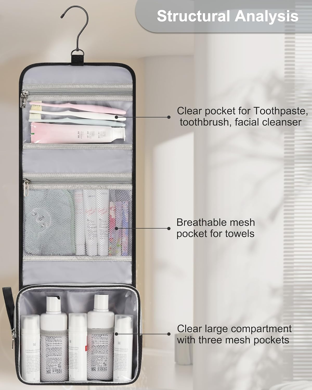 image:imageSmall Hanging Toiletry Bag for Men and Women Portable Hanging Organizer for TravelSized Shower Dopp Kit Makeup Accessories Waterproof Toiletries Organizer with 3 Compartments for Outdoor Black01 Black