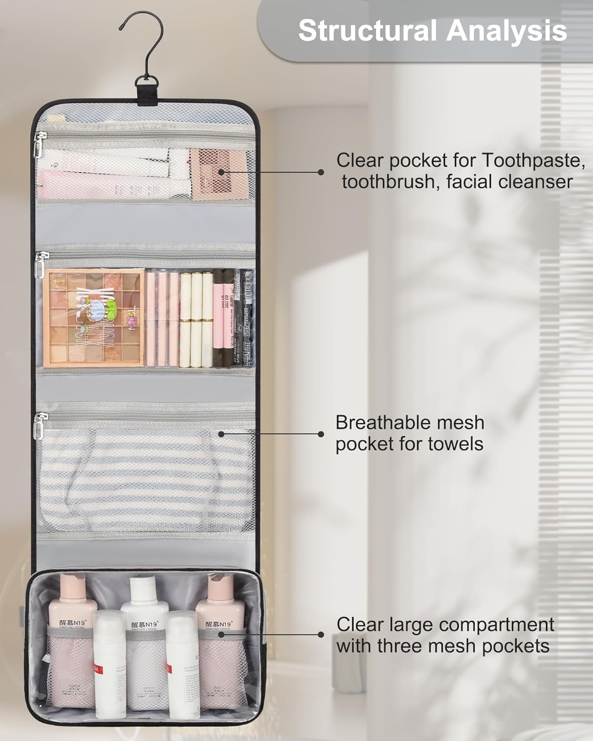 image:imageSmall Hanging Toiletry Bag for Men and Women Portable Hanging Organizer for TravelSized Shower Dopp Kit Makeup Accessories Waterproof Toiletries Organizer with 3 Compartments for Outdoor Black01 Black