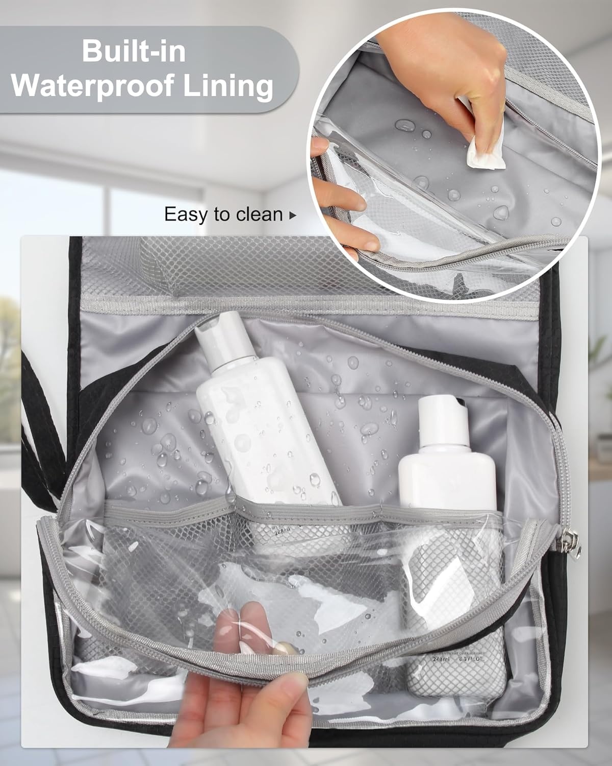 image:imageSmall Hanging Toiletry Bag for Men and Women Portable Hanging Organizer for TravelSized Shower Dopp Kit Makeup Accessories Waterproof Toiletries Organizer with 3 Compartments for Outdoor Black03 Black with Brush Board
