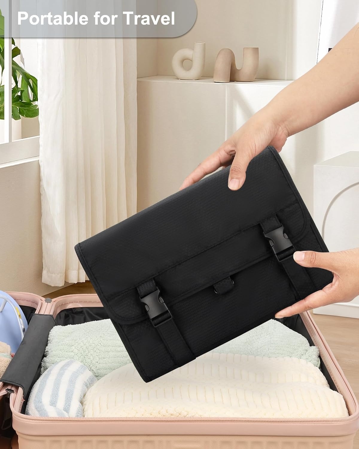 image:imageSmall Hanging Toiletry Bag for Men and Women Portable Hanging Organizer for TravelSized Shower Dopp Kit Makeup Accessories Waterproof Toiletries Organizer with 3 Compartments for Outdoor Black03 Black with Brush Board
