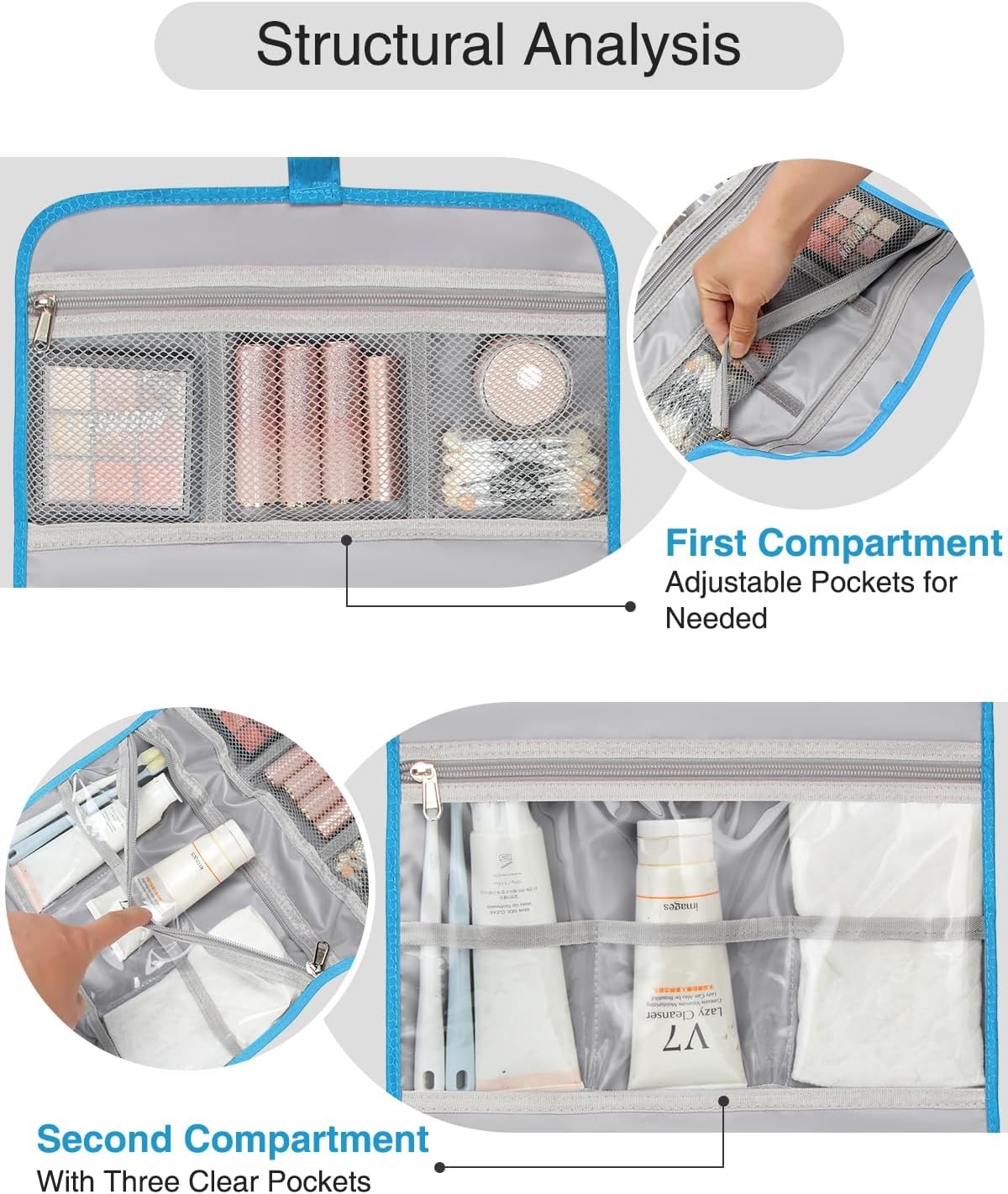 image:imageSmall Hanging Toiletry Bag for Men and Women Portable Hanging Organizer for TravelSized Shower Dopp Kit Makeup Accessories Waterproof Toiletries Organizer with 3 Compartments for Outdoor Black02 Blue