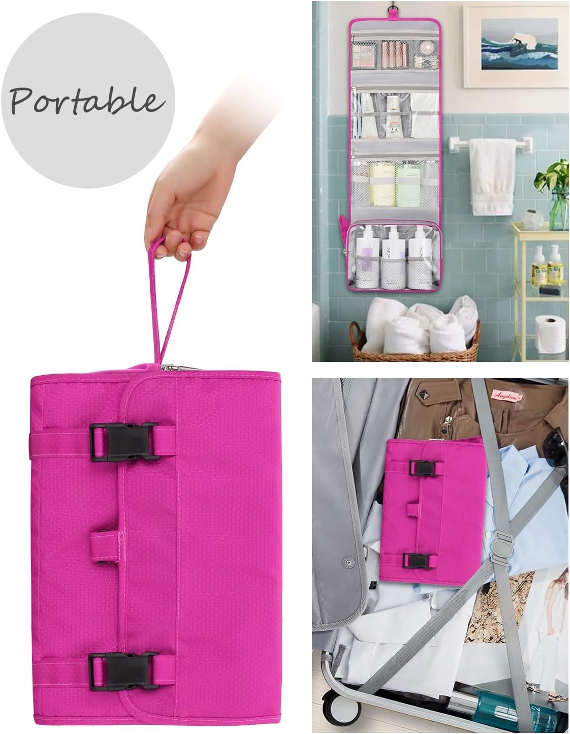 image:imageSmall Hanging Toiletry Bag for Men and Women Portable Hanging Organizer for TravelSized Shower Dopp Kit Makeup Accessories Waterproof Toiletries Organizer with 3 Compartments for Outdoor Black01 Hot Pink