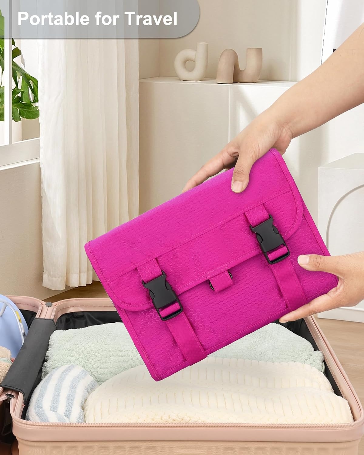 image:imageSmall Hanging Toiletry Bag for Men and Women Portable Hanging Organizer for TravelSized Shower Dopp Kit Makeup Accessories Waterproof Toiletries Organizer with 3 Compartments for Outdoor Black01 Hot Pink