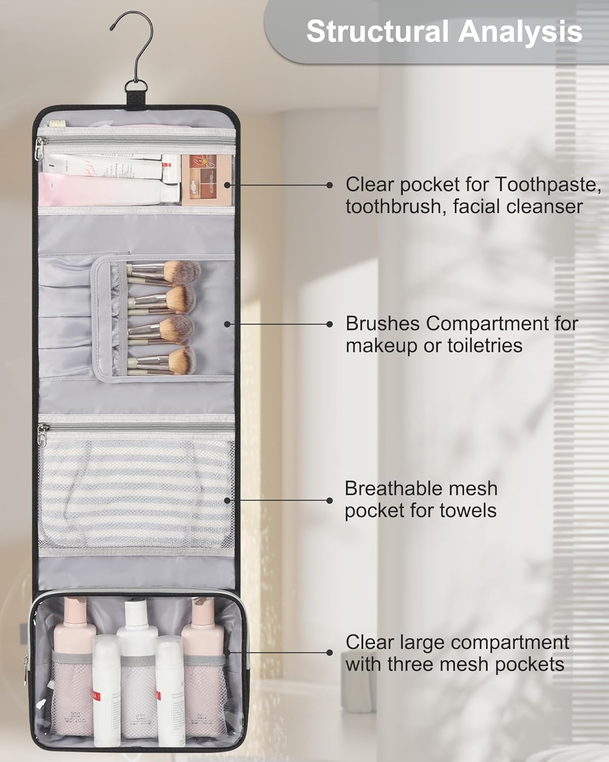 image:imageSmall Hanging Toiletry Bag for Men and Women Portable Hanging Organizer for TravelSized Shower Dopp Kit Makeup Accessories Waterproof Toiletries Organizer with 3 Compartments for Outdoor Black03 Black with Brush Board