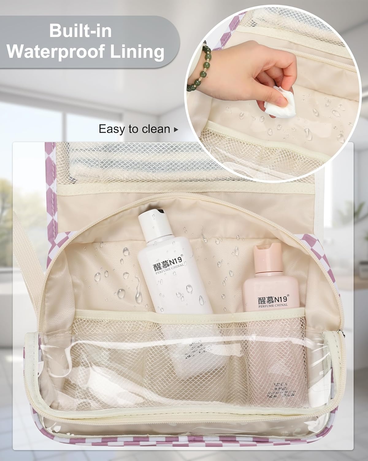 image:imageSmall Hanging Toiletry Bag for Men and Women Portable Hanging Organizer for TravelSized Shower Dopp Kit Makeup Accessories Waterproof Toiletries Organizer with 3 Compartments for Outdoor Black02 Purple Checkboard